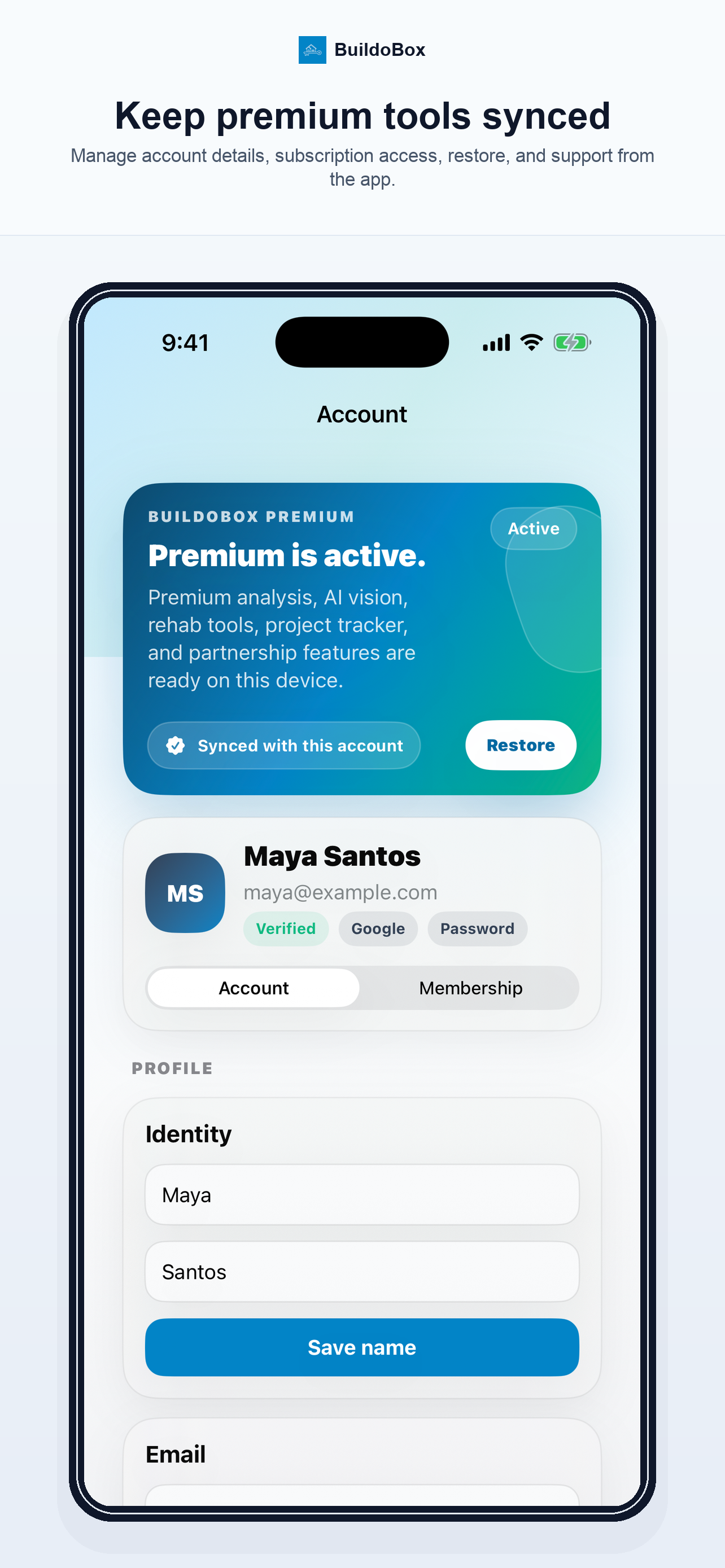 BuildoBox Account on iPhone